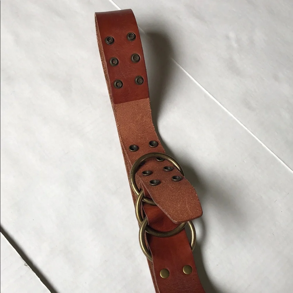 Fossil Wide Brown Leather Belt Brass Rings and Snaps 36-37